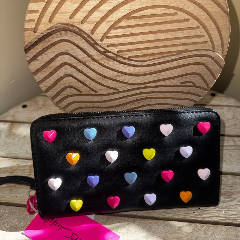 Betsey Johnson Black Clutch with Colorful Heart Accents